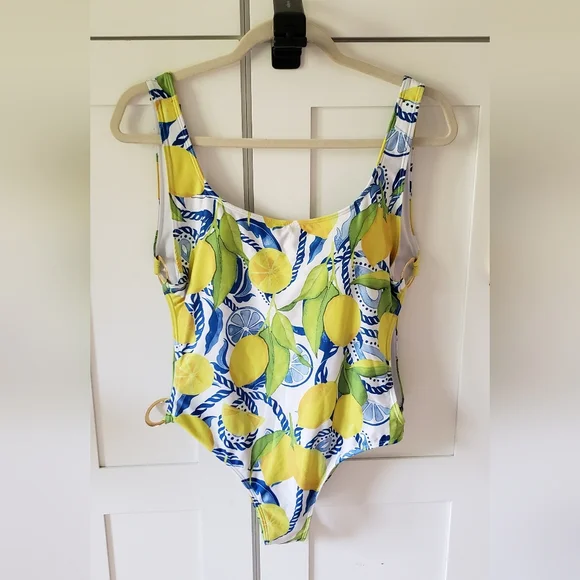 Kenny Flowers Swimsuit Womens L White Positano Lemon Print One Piece Cutout Swim - Picture 2 of 8